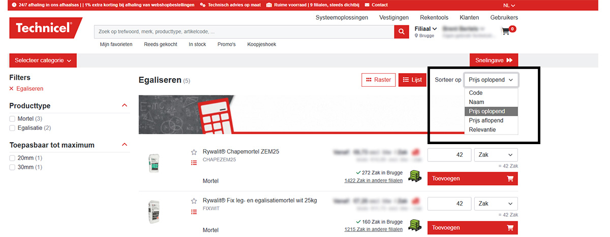 Producten sorteren op prijs in de Technicel webshop