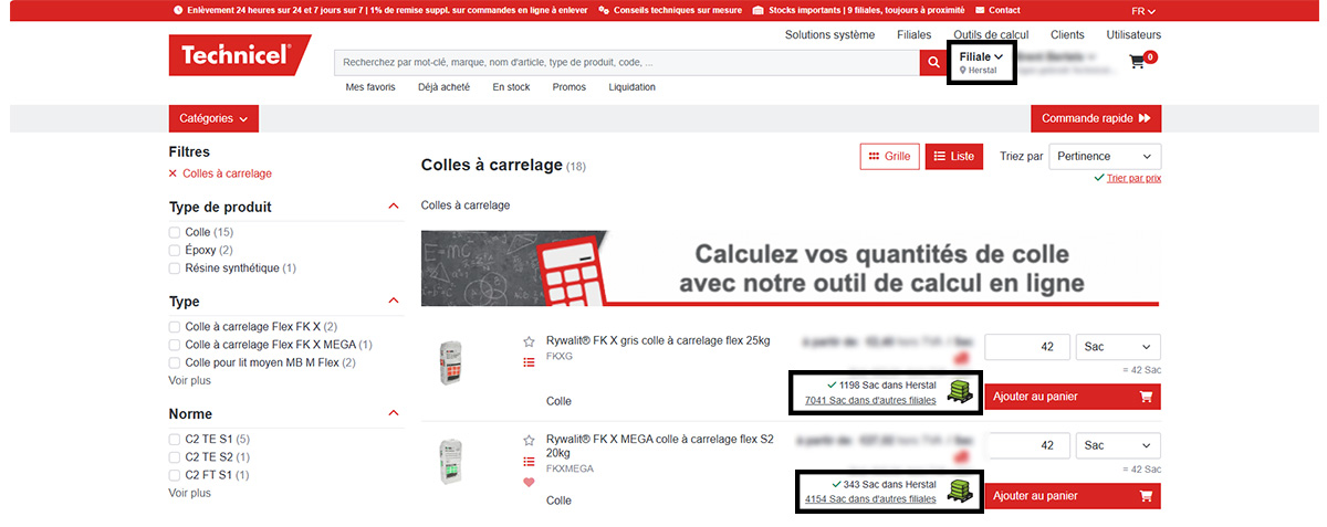 Voorraad van het voorkeursfiliaal in de Technicel webshop