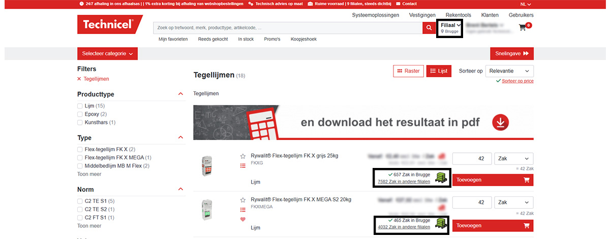 Voorraad van het voorkeursfiliaal in de Technicel webshop